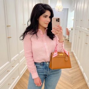 Pink linen striped button down shirt